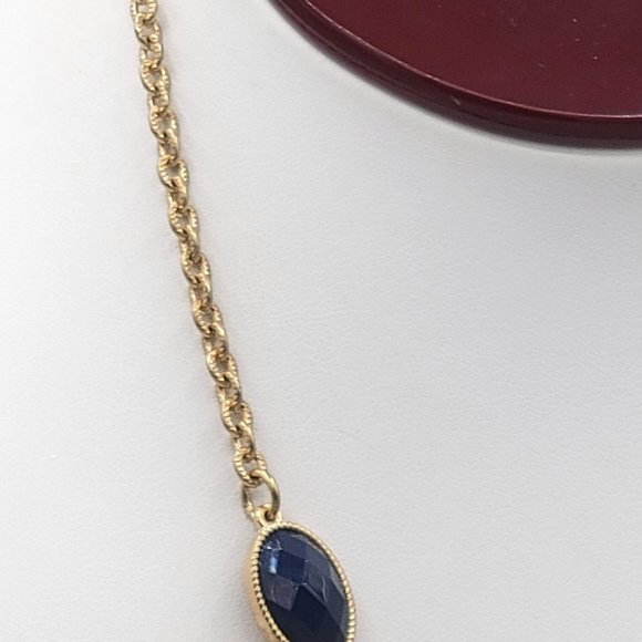 Womens Gold Tone Link Statement Necklace Dark Blue Acrylic Cabochon Beads - Picture 5 of 6